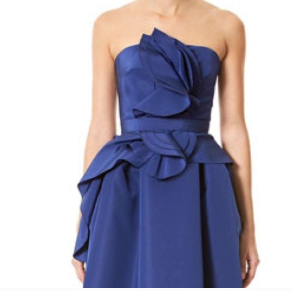 Carolina Herrera blue ruffle strapless dress